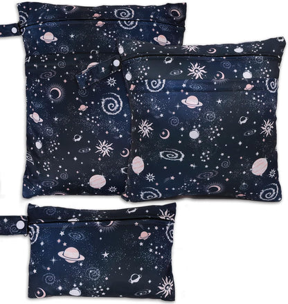 3pcs Cloth Diaper Wet Dry Bags Waterproof Reusable Wet Bag with 2 Zipper Pockets & Handle Washable Laundry Bags for Travel Beach Pool Daycare Yoga Gym Exercise Swimsuits