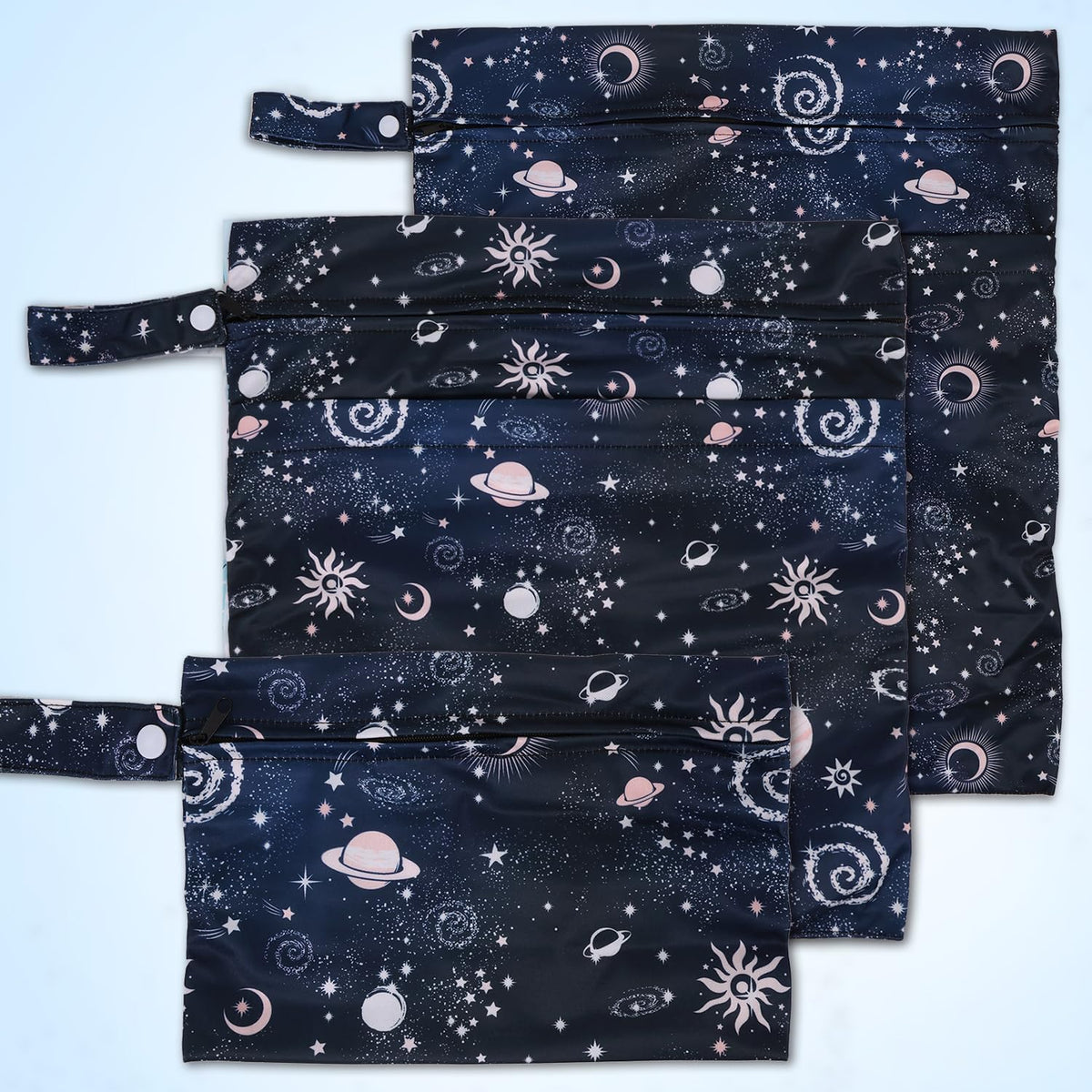 3pcs Cloth Diaper Wet Dry Bags Waterproof Reusable Wet Bag with 2 Zipper Pockets & Handle Washable Laundry Bags for Travel Beach Pool Daycare Yoga Gym Exercise Swimsuits