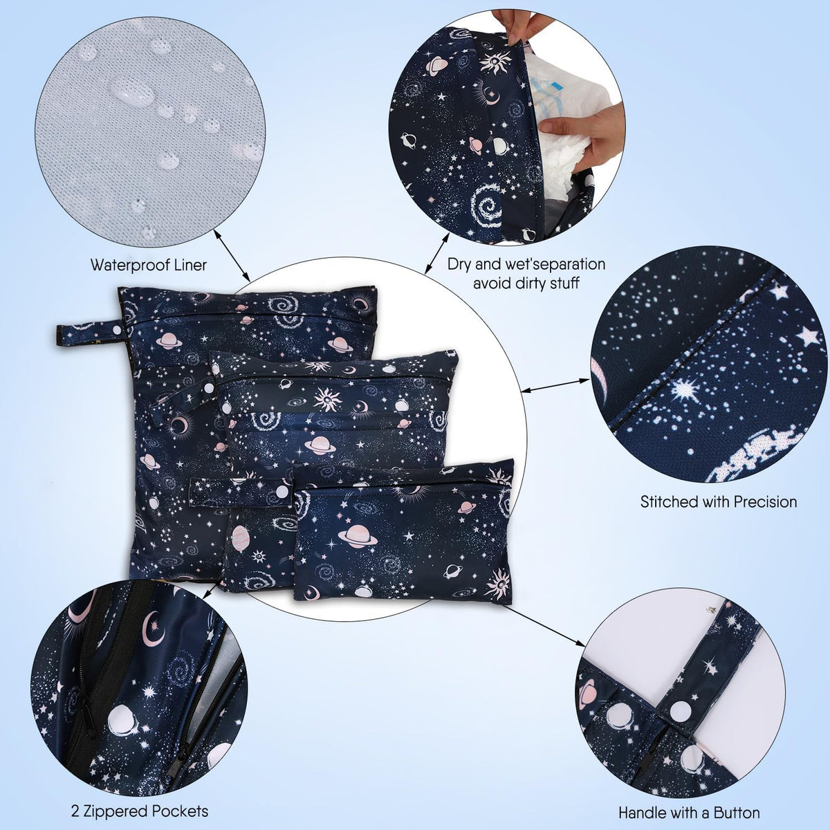 3pcs Cloth Diaper Wet Dry Bags Waterproof Reusable Wet Bag with 2 Zipper Pockets & Handle Washable Laundry Bags for Travel Beach Pool Daycare Yoga Gym Exercise Swimsuits