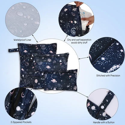 3pcs Cloth Diaper Wet Dry Bags Waterproof Reusable Wet Bag with 2 Zipper Pockets & Handle Washable Laundry Bags for Travel Beach Pool Daycare Yoga Gym Exercise Swimsuits