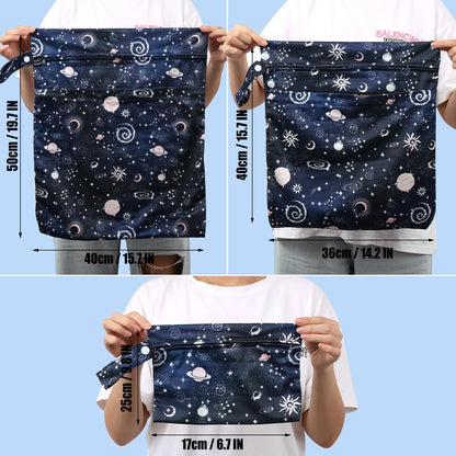3pcs Cloth Diaper Wet Dry Bags Waterproof Reusable Wet Bag with 2 Zipper Pockets & Handle Washable Laundry Bags for Travel Beach Pool Daycare Yoga Gym Exercise Swimsuits