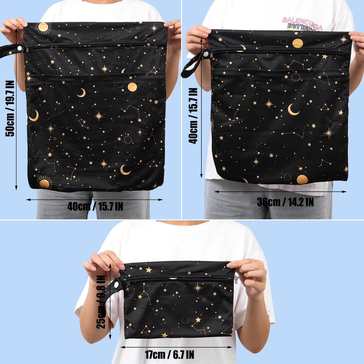 3pcs Cloth Diaper Wet Dry Bags Waterproof Reusable Wet Bag with 2 Zipper Pockets & Handle Washable Laundry Bags for Travel Beach Pool Daycare Yoga Gym Exercise Swimsuits