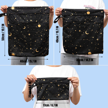 3pcs Cloth Diaper Wet Dry Bags Waterproof Reusable Wet Bag with 2 Zipper Pockets & Handle Washable Laundry Bags for Travel Beach Pool Daycare Yoga Gym Exercise Swimsuits