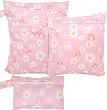 3pcs Cloth Diaper Wet Dry Bags Waterproof Reusable Wet Bag with 2 Zipper Pockets & Handle Washable Laundry Bags for Travel Beach Pool Daycare Yoga Gym Exercise Swimsuits