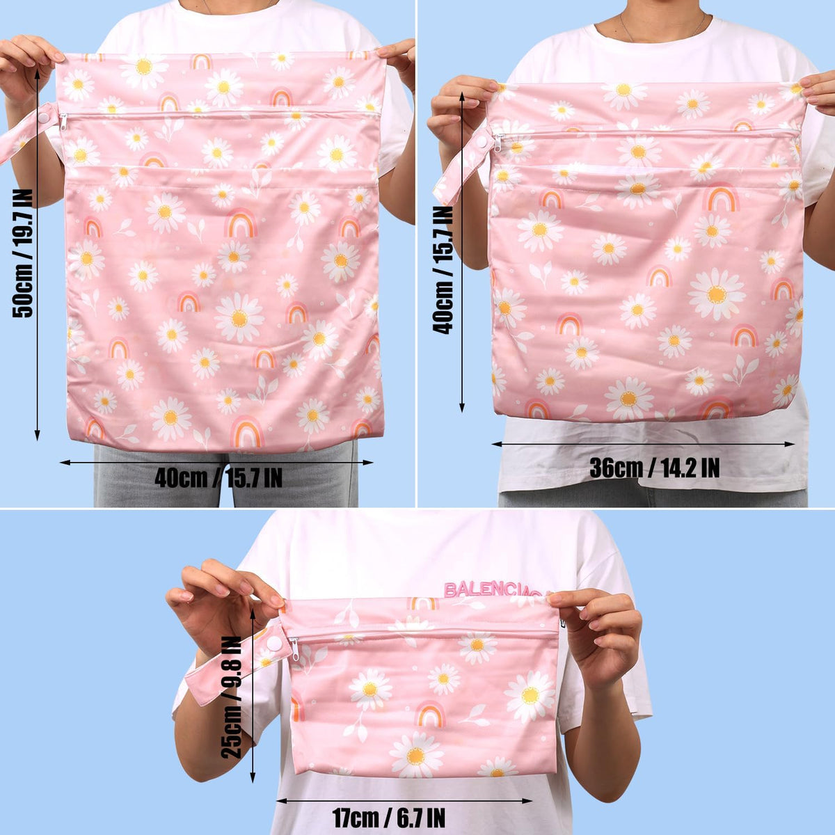 3pcs Cloth Diaper Wet Dry Bags Waterproof Reusable Wet Bag with 2 Zipper Pockets & Handle Washable Laundry Bags for Travel Beach Pool Daycare Yoga Gym Exercise Swimsuits