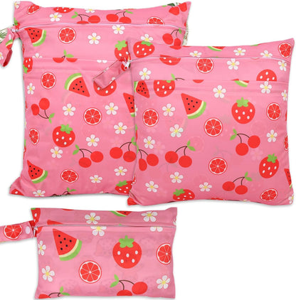 3pcs Cloth Diaper Wet Dry Bags Waterproof Reusable Wet Bag with 2 Zipper Pockets & Handle Washable Laundry Bags for Travel Beach Pool Daycare Yoga Gym Exercise Swimsuits