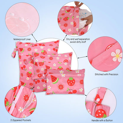 3pcs Cloth Diaper Wet Dry Bags Waterproof Reusable Wet Bag with 2 Zipper Pockets & Handle Washable Laundry Bags for Travel Beach Pool Daycare Yoga Gym Exercise Swimsuits