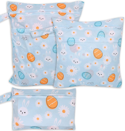 3pcs Cloth Diaper Wet Dry Bags Waterproof Reusable Wet Bag with 2 Zipper Pockets & Handle Washable Laundry Bags for Travel Beach Pool Daycare Yoga Gym Exercise Swimsuits