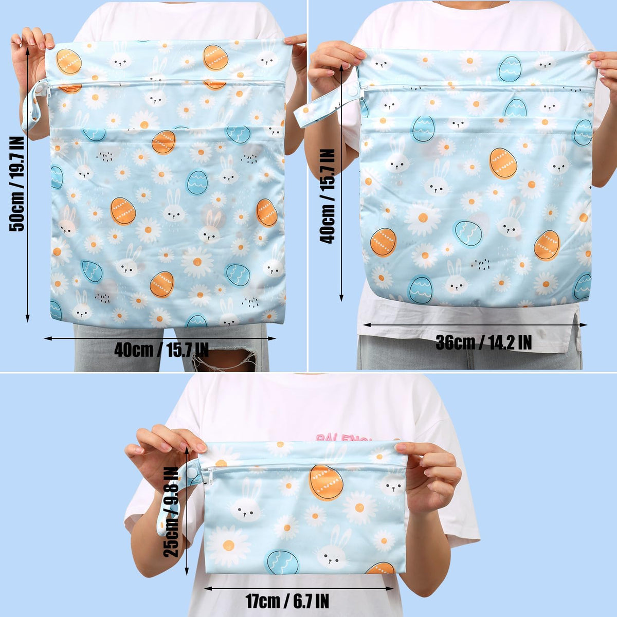 3pcs Cloth Diaper Wet Dry Bags Waterproof Reusable Wet Bag with 2 Zipper Pockets & Handle Washable Laundry Bags for Travel Beach Pool Daycare Yoga Gym Exercise Swimsuits