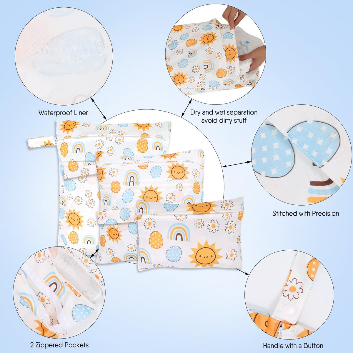 3pcs Cloth Diaper Wet Dry Bags Waterproof Reusable Wet Bag with 2 Zipper Pockets & Handle Washable Laundry Bags for Travel Beach Pool Daycare Yoga Gym Exercise Swimsuits