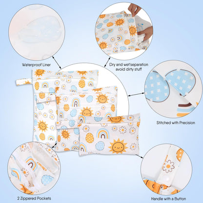 3pcs Cloth Diaper Wet Dry Bags Waterproof Reusable Wet Bag with 2 Zipper Pockets & Handle Washable Laundry Bags for Travel Beach Pool Daycare Yoga Gym Exercise Swimsuits