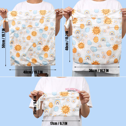 3pcs Cloth Diaper Wet Dry Bags Waterproof Reusable Wet Bag with 2 Zipper Pockets & Handle Washable Laundry Bags for Travel Beach Pool Daycare Yoga Gym Exercise Swimsuits