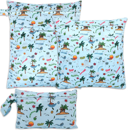 3pcs Cloth Diaper Wet Dry Bags Waterproof Reusable Wet Bag with 2 Zipper Pockets & Handle Washable Laundry Bags for Travel Beach Pool Daycare Yoga Gym Exercise Swimsuits