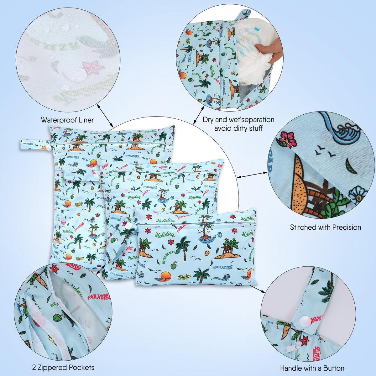 3pcs Cloth Diaper Wet Dry Bags Waterproof Reusable Wet Bag with 2 Zipper Pockets & Handle Washable Laundry Bags for Travel Beach Pool Daycare Yoga Gym Exercise Swimsuits