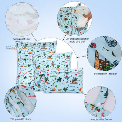 3pcs Cloth Diaper Wet Dry Bags Waterproof Reusable Wet Bag with 2 Zipper Pockets & Handle Washable Laundry Bags for Travel Beach Pool Daycare Yoga Gym Exercise Swimsuits