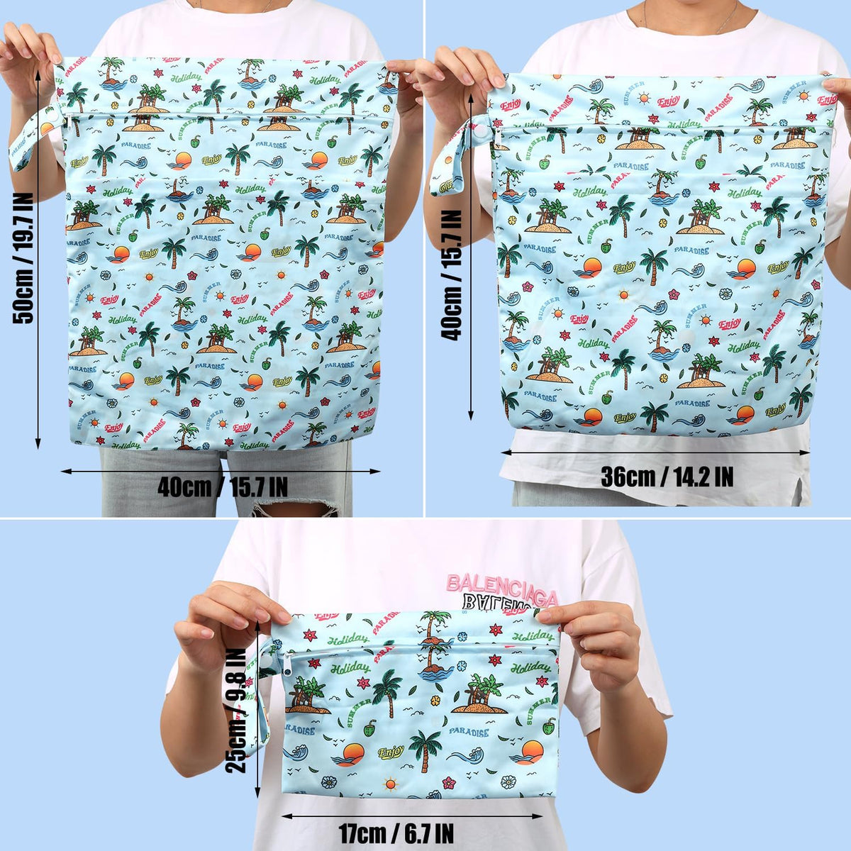 3pcs Cloth Diaper Wet Dry Bags Waterproof Reusable Wet Bag with 2 Zipper Pockets & Handle Washable Laundry Bags for Travel Beach Pool Daycare Yoga Gym Exercise Swimsuits