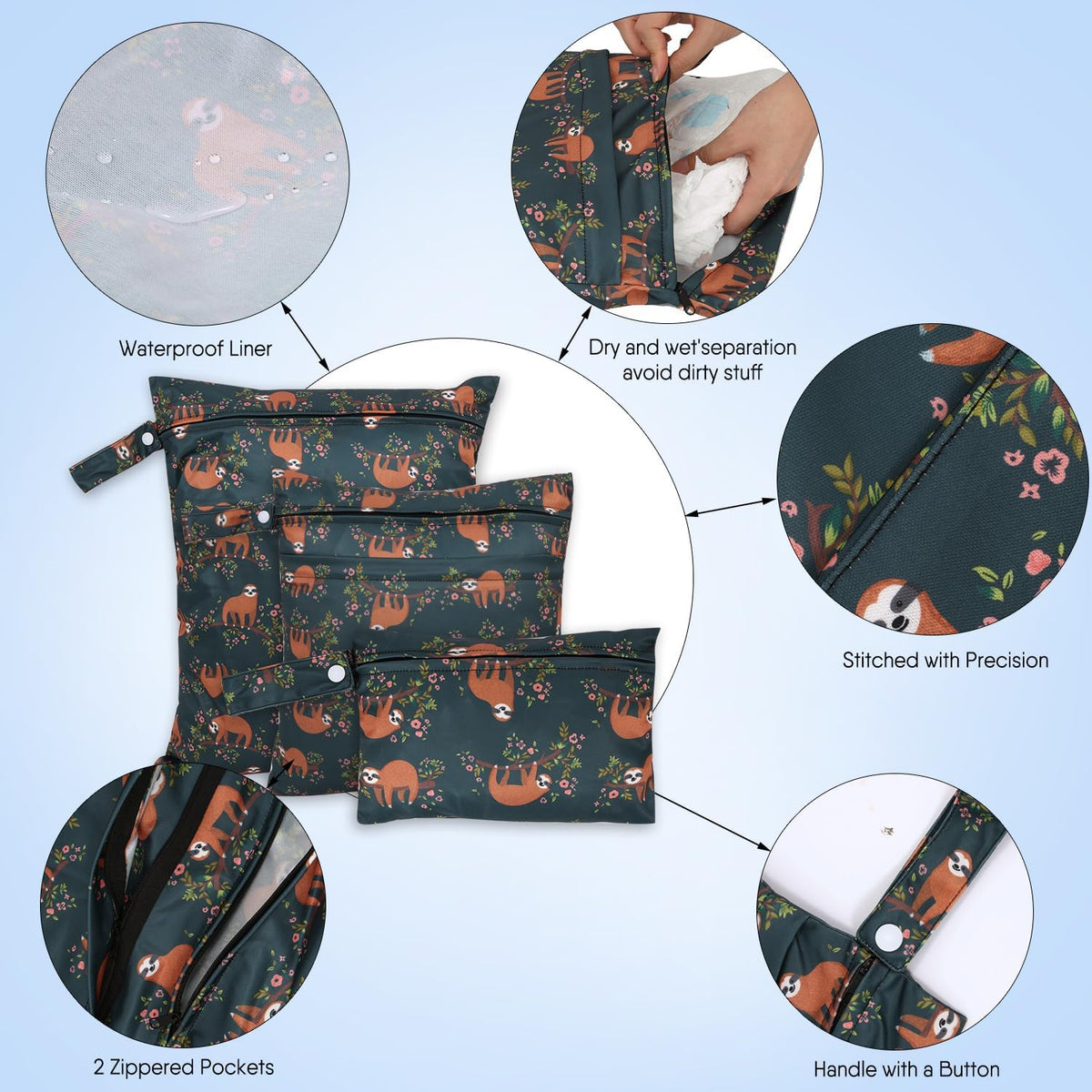 3pcs Cloth Diaper Wet Dry Bags Waterproof Reusable Wet Bag with 2 Zipper Pockets & Handle Washable Laundry Bags for Travel Beach Pool Daycare Yoga Gym Exercise Swimsuits