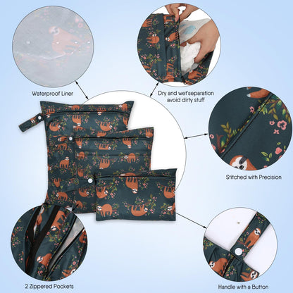3pcs Cloth Diaper Wet Dry Bags Waterproof Reusable Wet Bag with 2 Zipper Pockets & Handle Washable Laundry Bags for Travel Beach Pool Daycare Yoga Gym Exercise Swimsuits