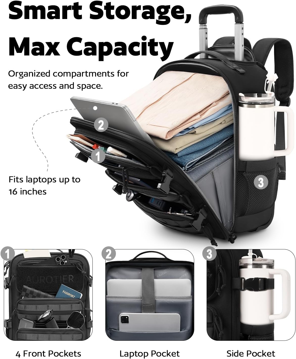 Rolling Tactical Laptop Backpack, Underseat Travel Backpack with Wheels, 16 Inch Wheeled Computer Backpack for Men and Women, Roller Overnight Molle Outdoor Hiking College Carry on Luggage
