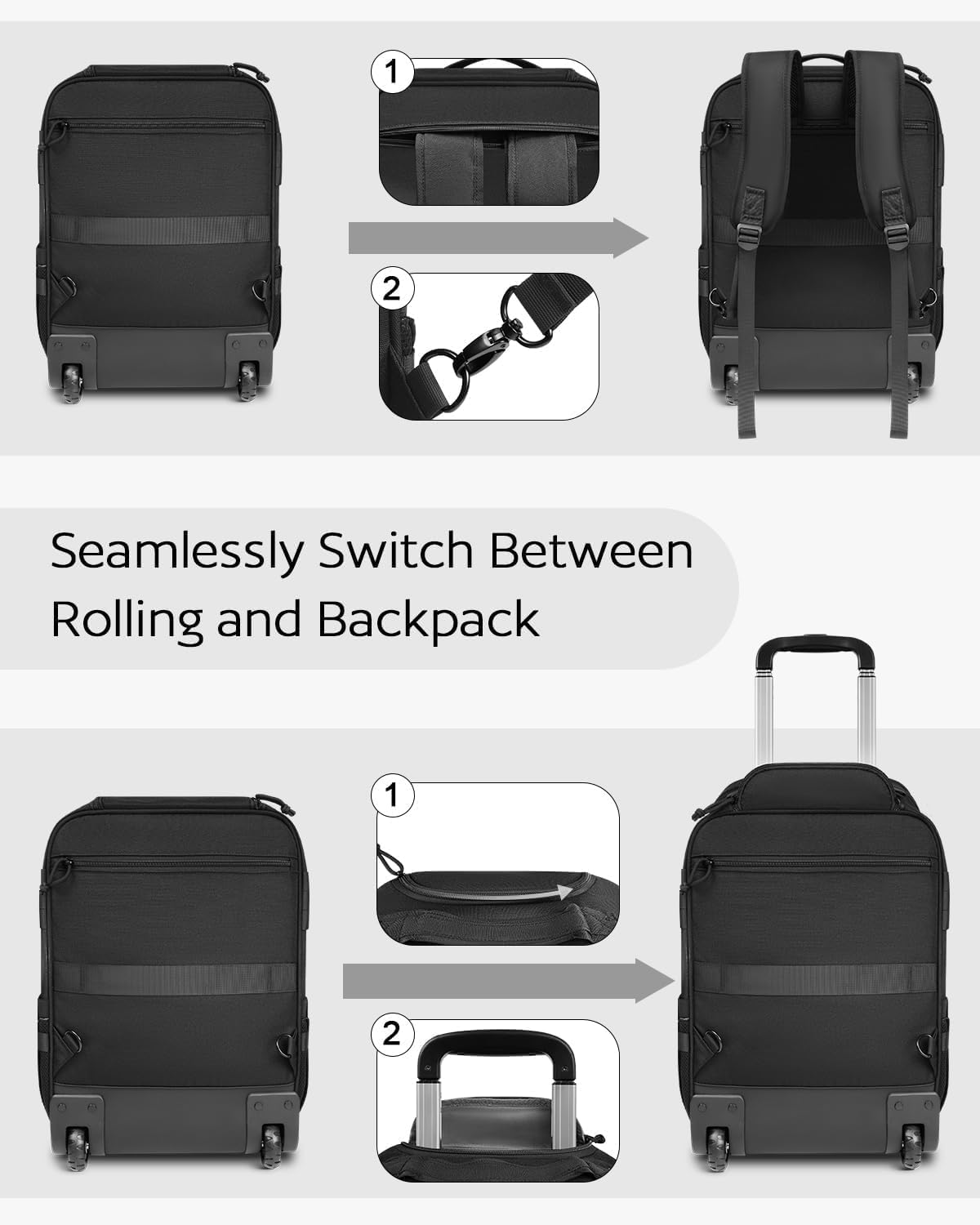 Rolling Tactical Laptop Backpack, Underseat Travel Backpack with Wheels, 16 Inch Wheeled Computer Backpack for Men and Women, Roller Overnight Molle Outdoor Hiking College Carry on Luggage
