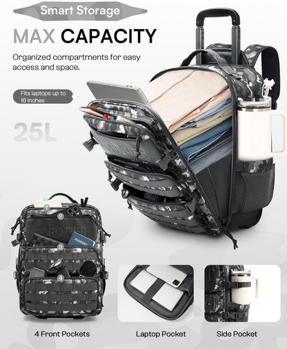 Rolling Tactical Laptop Backpack, Underseat Travel Backpack with Wheels, 16 Inch Wheeled Computer Backpack for Men and Women, Roller Overnight Molle Outdoor Hiking College Carry on Luggage