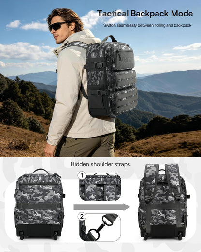 Rolling Tactical Laptop Backpack, Underseat Travel Backpack with Wheels, 16 Inch Wheeled Computer Backpack for Men and Women, Roller Overnight Molle Outdoor Hiking College Carry on Luggage