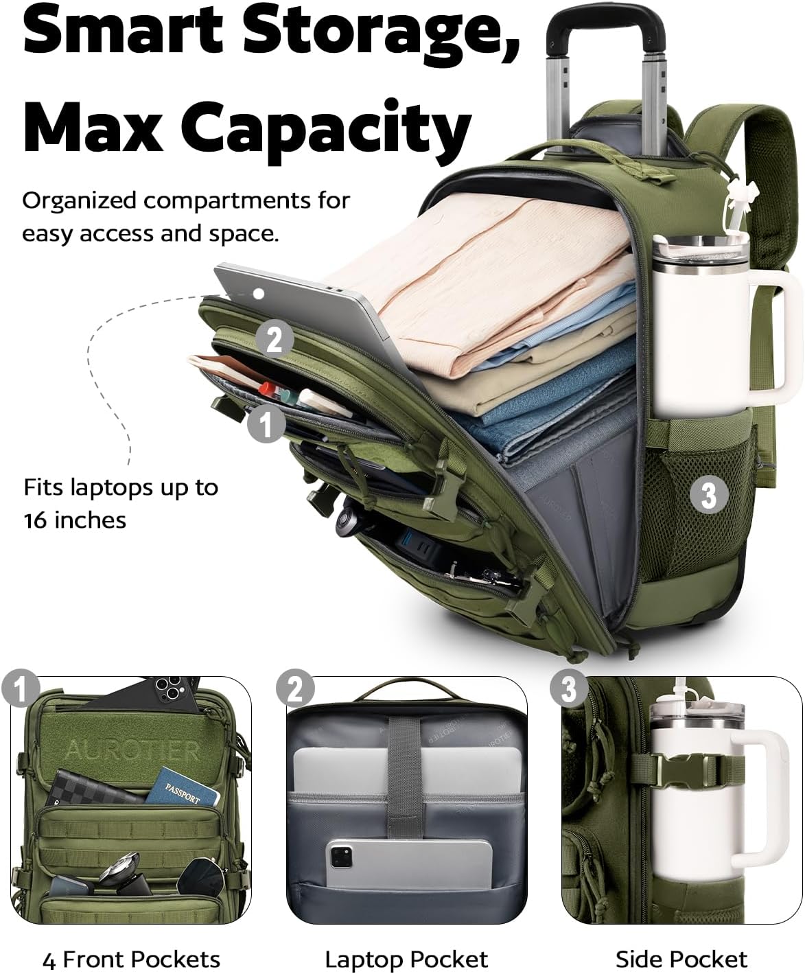 Rolling Tactical Laptop Backpack, Underseat Travel Backpack with Wheels, 16 Inch Wheeled Computer Backpack for Men and Women, Roller Overnight Molle Outdoor Hiking College Carry on Luggage