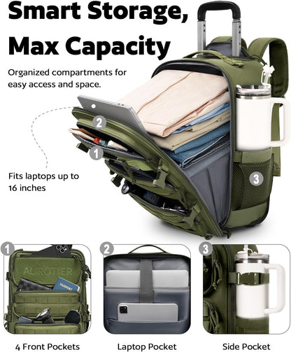Rolling Tactical Laptop Backpack, Underseat Travel Backpack with Wheels, 16 Inch Wheeled Computer Backpack for Men and Women, Roller Overnight Molle Outdoor Hiking College Carry on Luggage