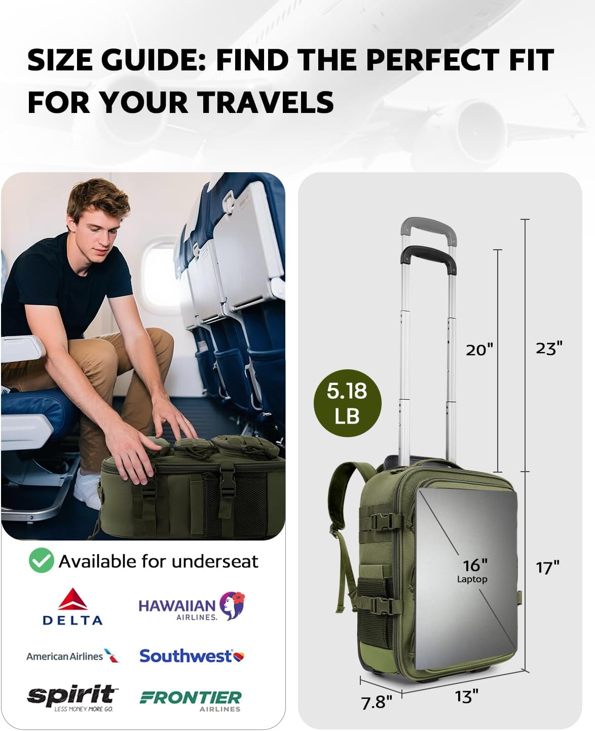 Rolling Tactical Laptop Backpack, Underseat Travel Backpack with Wheels, 16 Inch Wheeled Computer Backpack for Men and Women, Roller Overnight Molle Outdoor Hiking College Carry on Luggage
