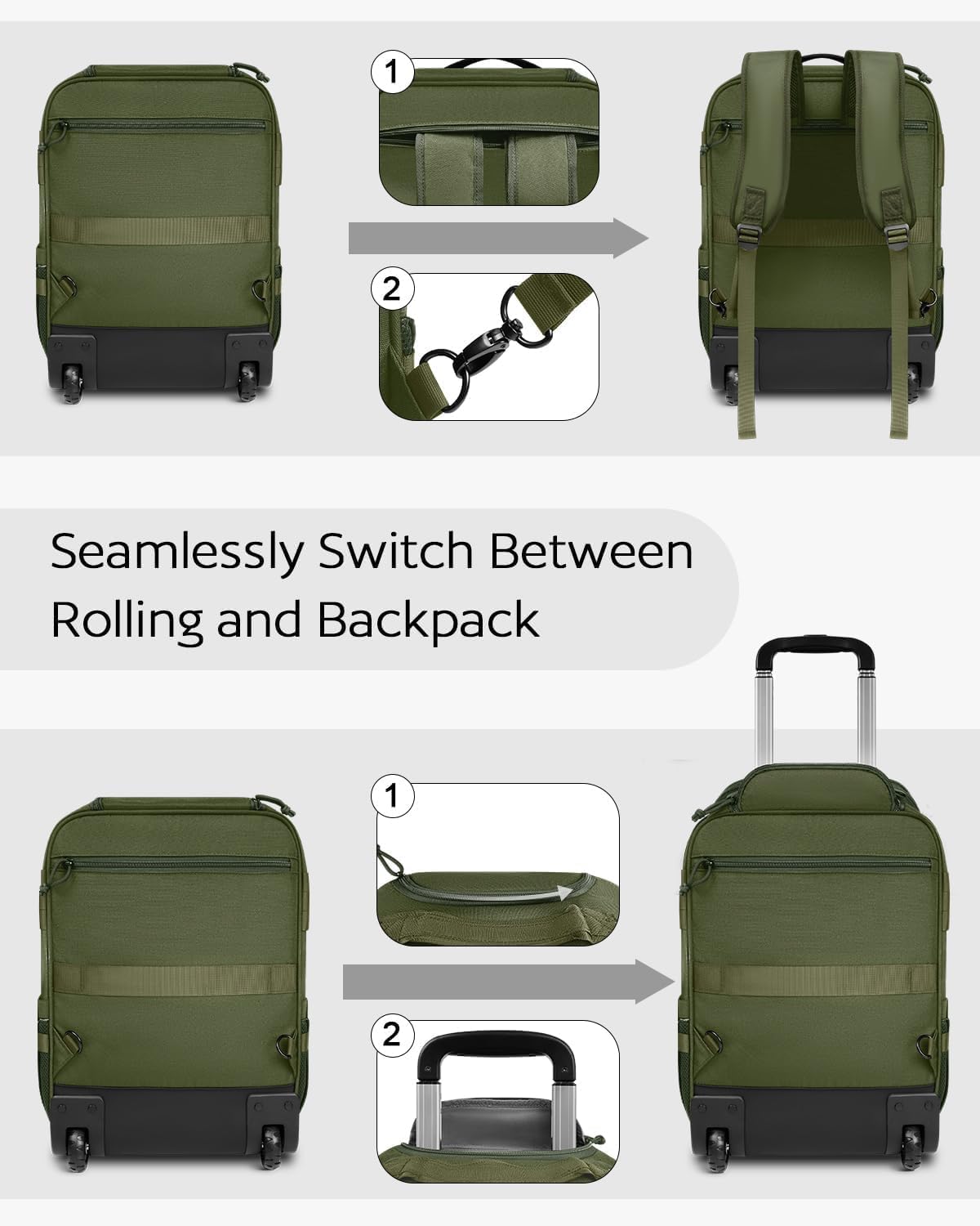 Rolling Tactical Laptop Backpack, Underseat Travel Backpack with Wheels, 16 Inch Wheeled Computer Backpack for Men and Women, Roller Overnight Molle Outdoor Hiking College Carry on Luggage