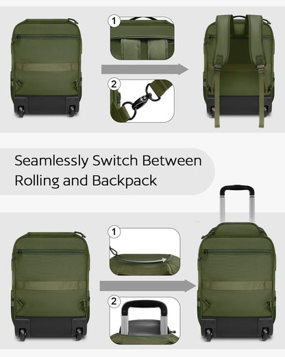 Rolling Tactical Laptop Backpack, Underseat Travel Backpack with Wheels, 16 Inch Wheeled Computer Backpack for Men and Women, Roller Overnight Molle Outdoor Hiking College Carry on Luggage
