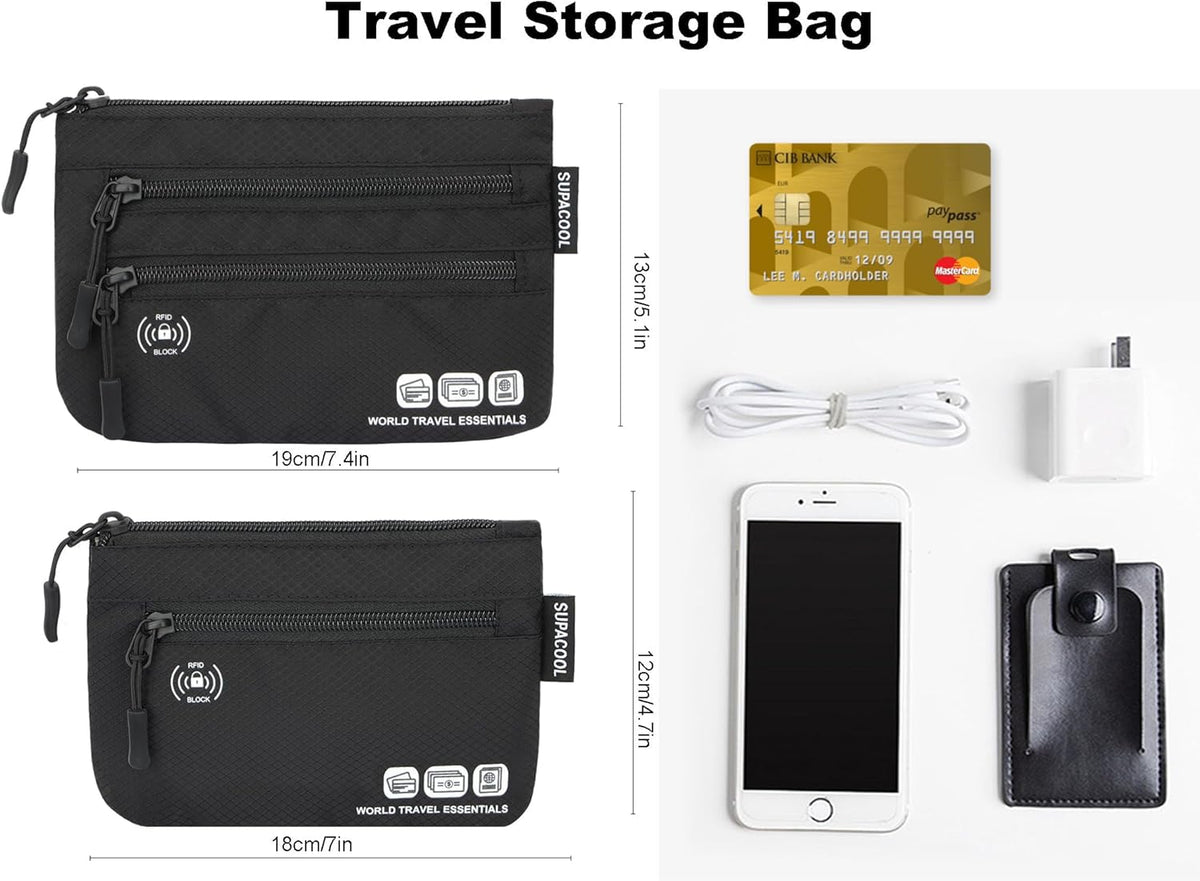 Passport Holder Bag, Travel Wallet for Men Women Family, Passport Pouch, Card Holder Organizer, RFID Blocking, Two-piece Set(Black)