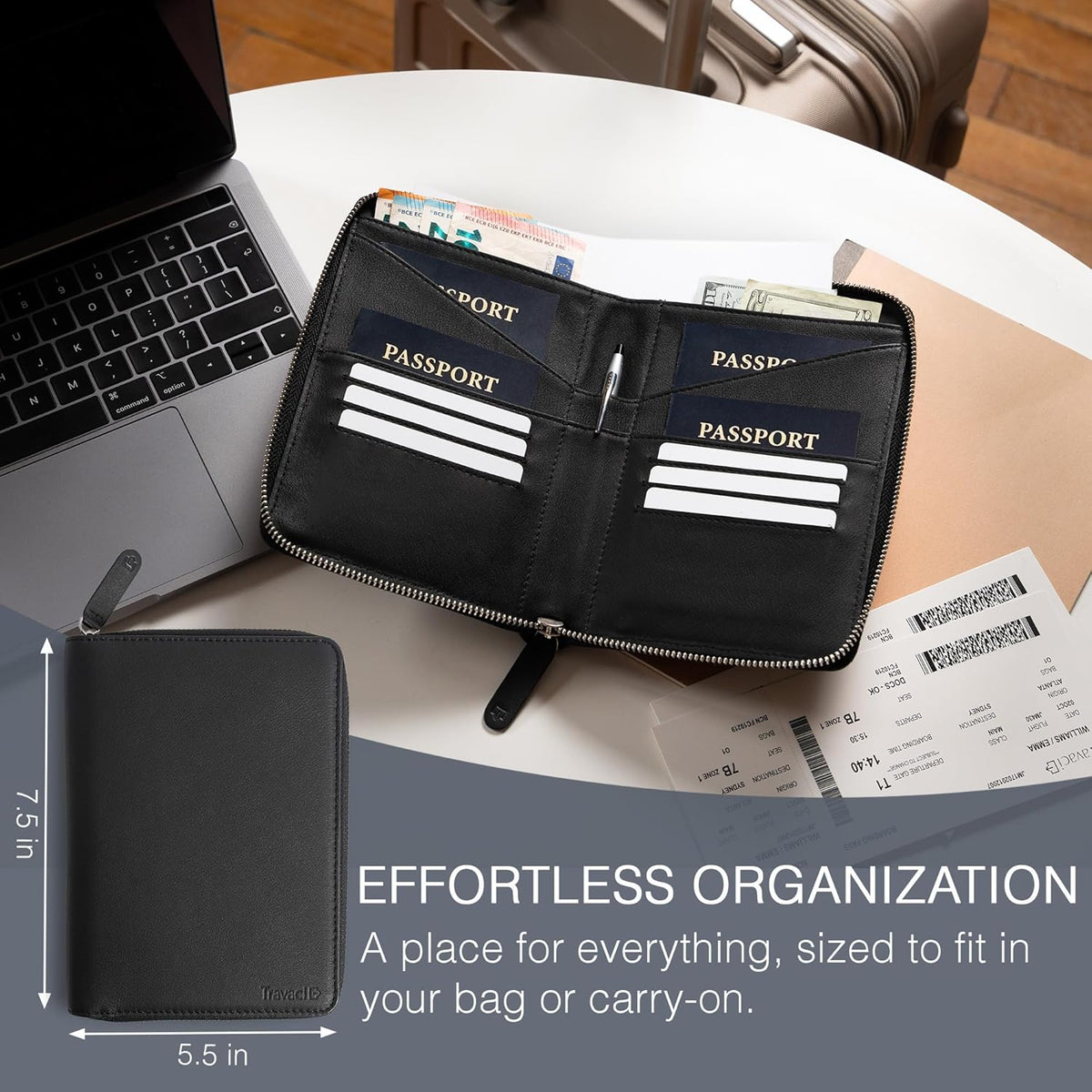 Full Grain Leather Family Passport Holder for 4 Passports - RFID Passport Holder and Travel Document Organizer - Large Leather Travel Wallet for Families - Camel