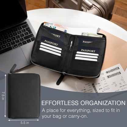 Full Grain Leather Family Passport Holder for 4 Passports - RFID Passport Holder and Travel Document Organizer - Large Leather Travel Wallet for Families - Camel