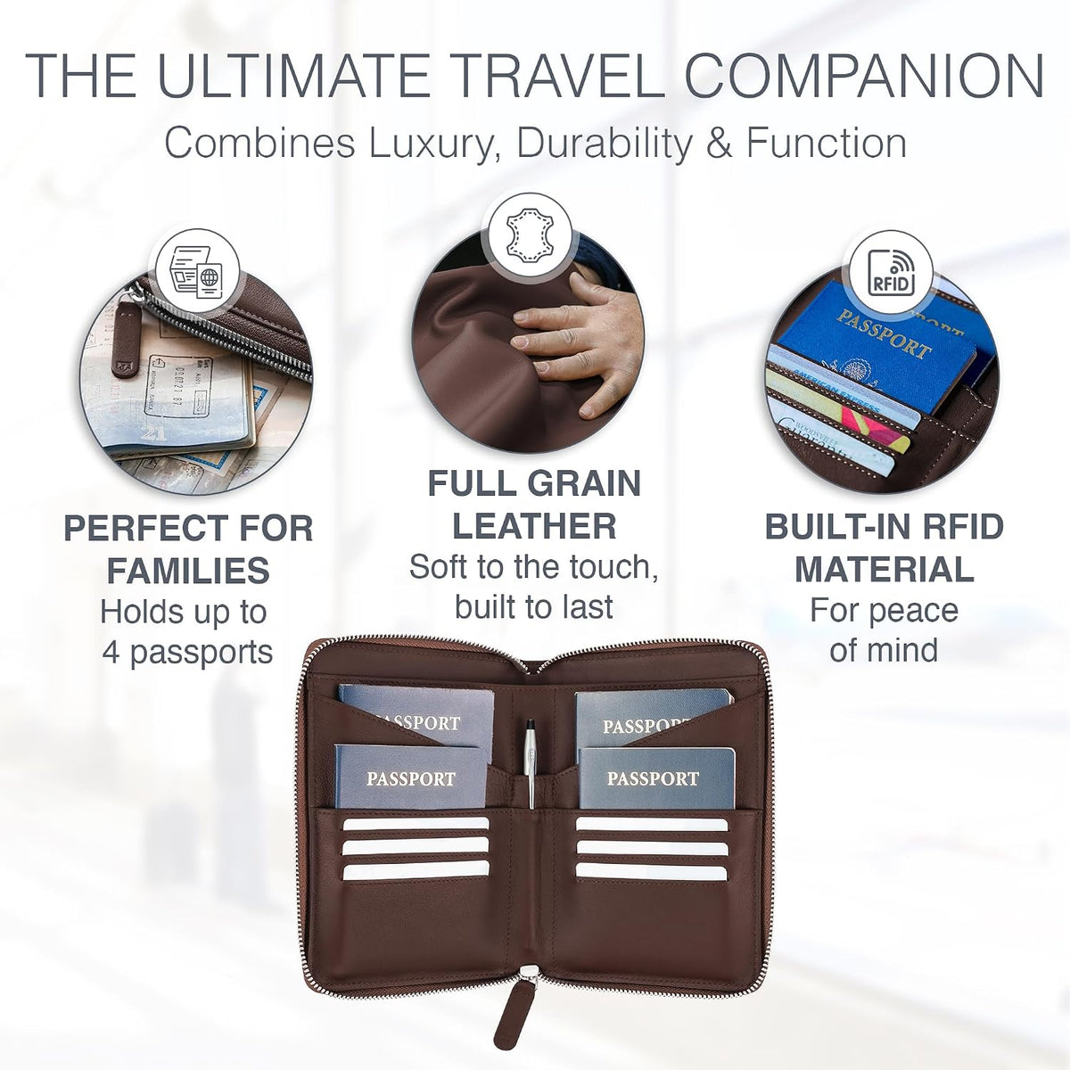 Full Grain Leather Family Passport Holder for 4 Passports - RFID Passport Holder and Travel Document Organizer - Large Leather Travel Wallet for Families - Camel