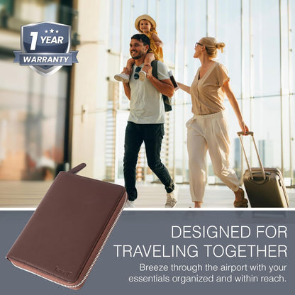 Full Grain Leather Family Passport Holder for 4 Passports - RFID Passport Holder and Travel Document Organizer - Large Leather Travel Wallet for Families - Camel