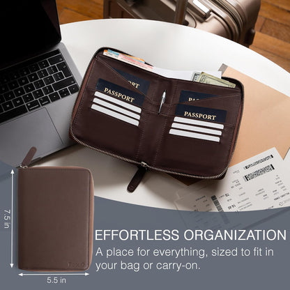 Full Grain Leather Family Passport Holder for 4 Passports - RFID Passport Holder and Travel Document Organizer - Large Leather Travel Wallet for Families - Camel