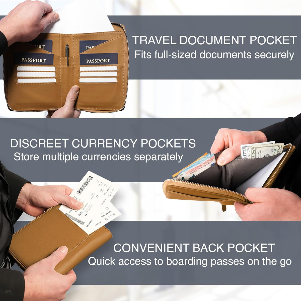 Full Grain Leather Family Passport Holder for 4 Passports - RFID Passport Holder and Travel Document Organizer - Large Leather Travel Wallet for Families - Camel