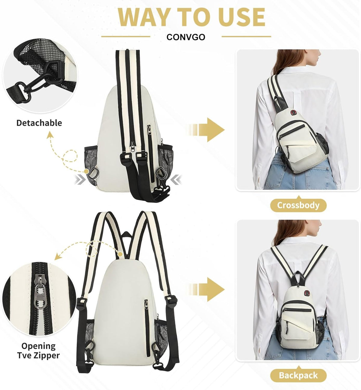 Small Crossbody Bag Casual Sling Bag for Men, Convertible Backpack, 3-in-1 Anti-Theft Shoulder Bag Trendy Daypack for Travel, Black
