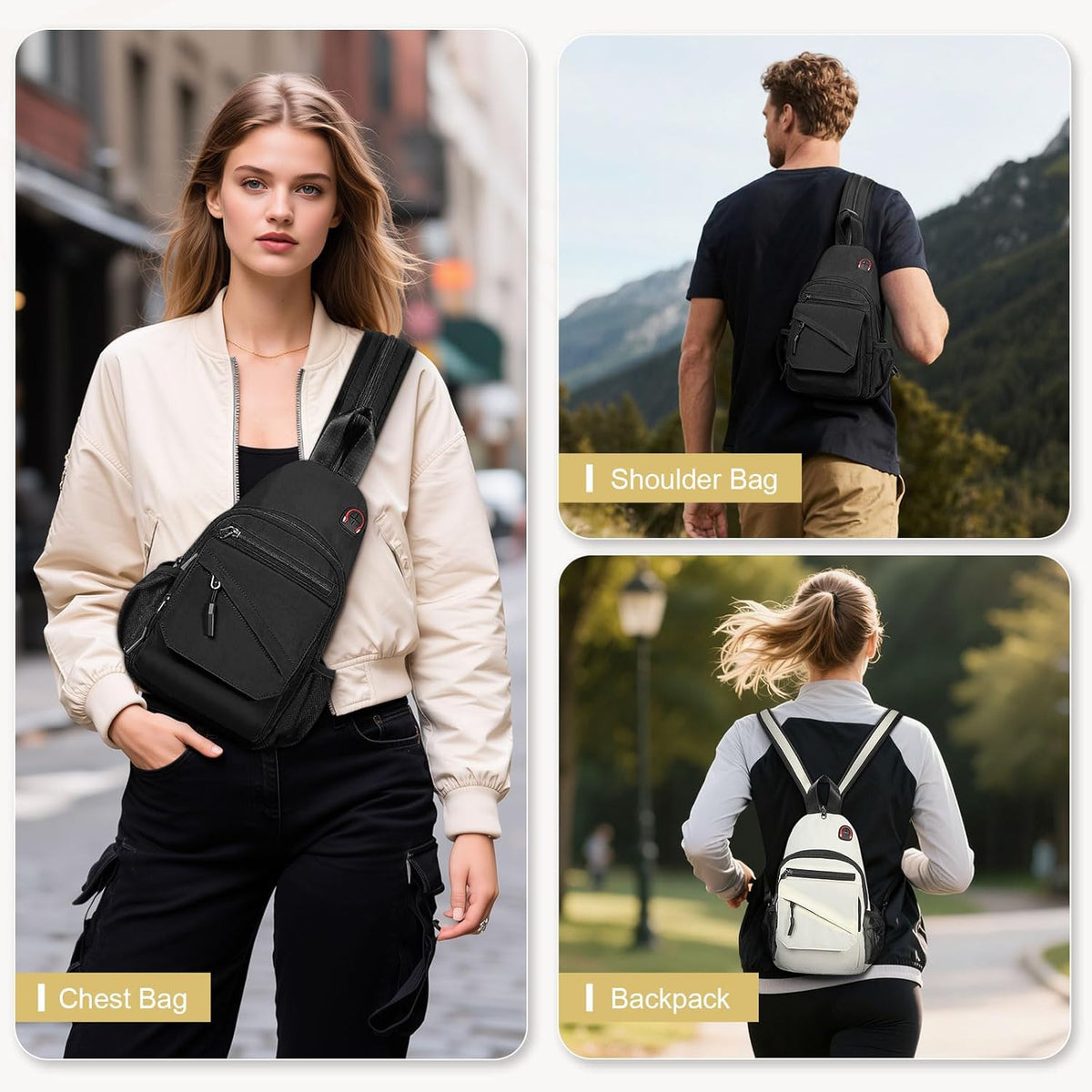 Small Crossbody Bag Casual Sling Bag for Men, Convertible Backpack, 3-in-1 Anti-Theft Shoulder Bag Trendy Daypack for Travel, Black