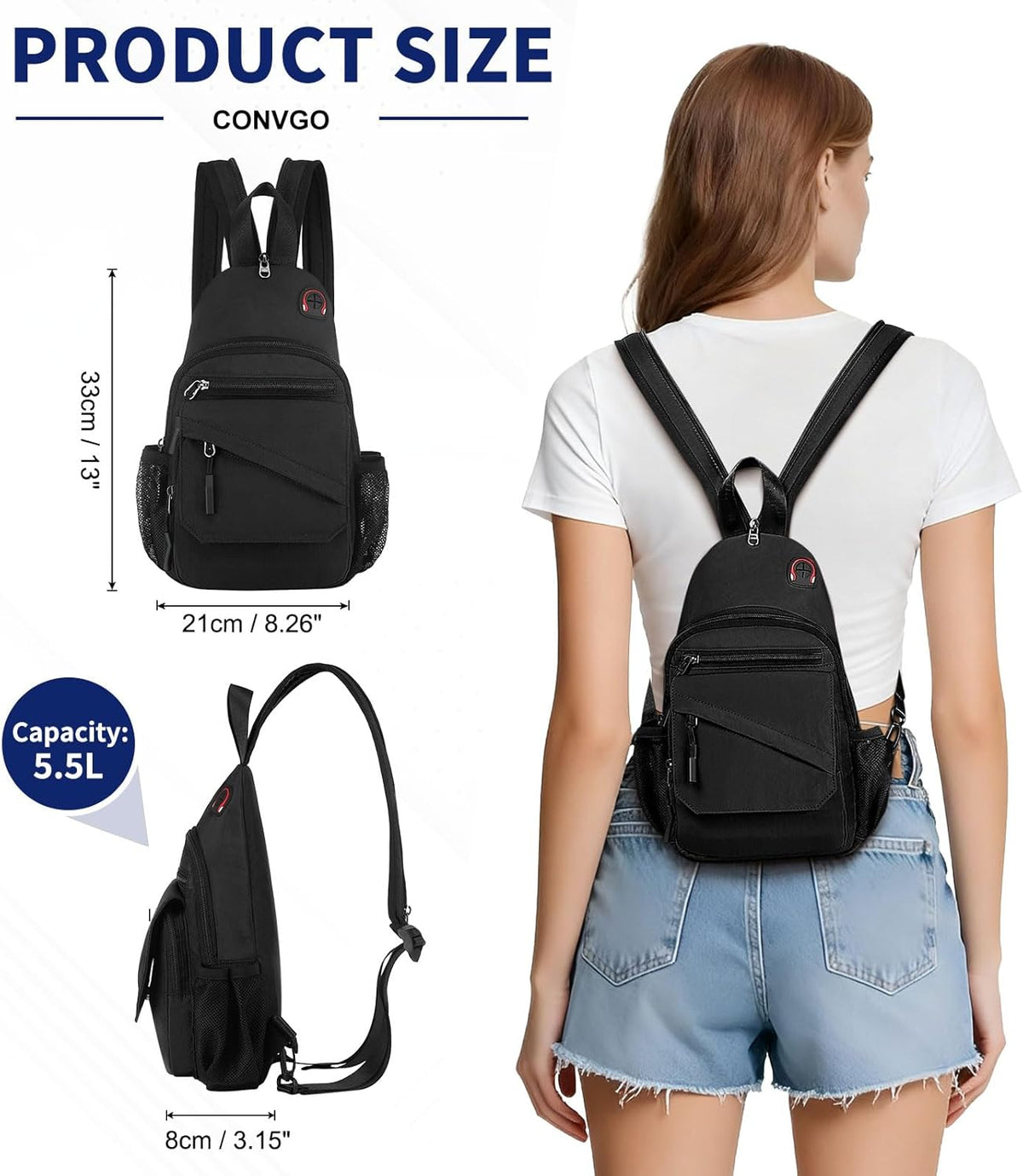 Small Crossbody Bag Casual Sling Bag for Men, Convertible Backpack, 3-in-1 Anti-Theft Shoulder Bag Trendy Daypack for Travel, Black