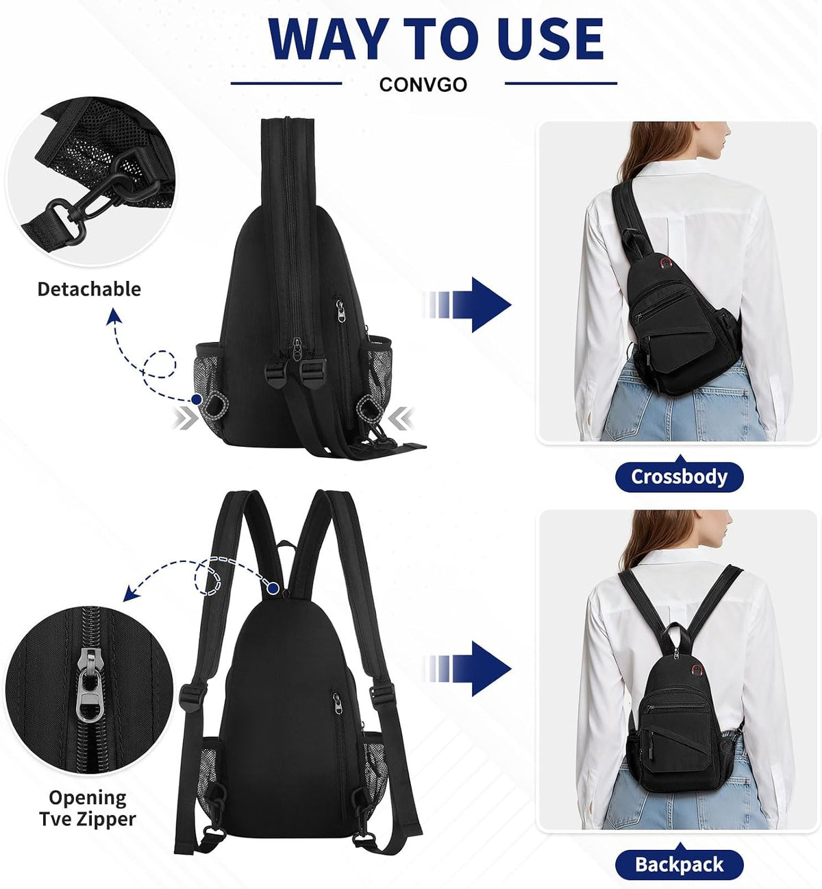 Small Crossbody Bag Casual Sling Bag for Men, Convertible Backpack, 3-in-1 Anti-Theft Shoulder Bag Trendy Daypack for Travel, Black