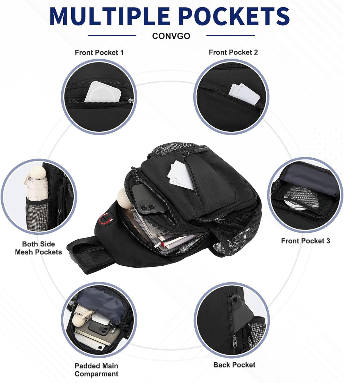 Small Crossbody Bag Casual Sling Bag for Men, Convertible Backpack, 3-in-1 Anti-Theft Shoulder Bag Trendy Daypack for Travel, Black