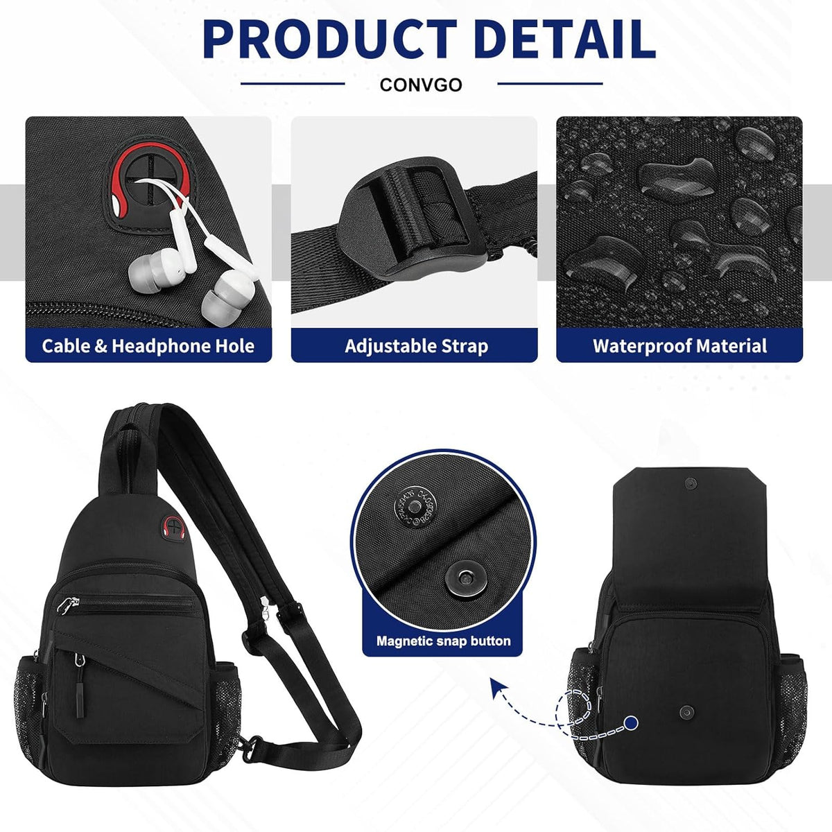 Small Crossbody Bag Casual Sling Bag for Men, Convertible Backpack, 3-in-1 Anti-Theft Shoulder Bag Trendy Daypack for Travel, Black