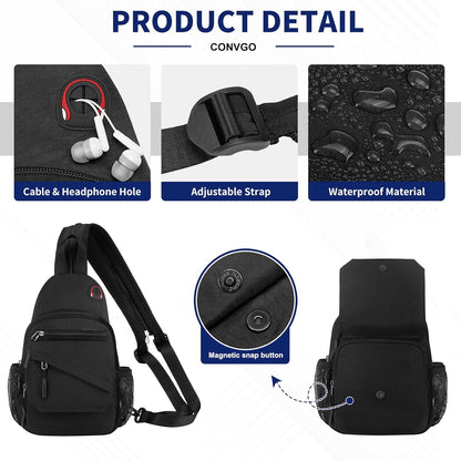 Small Crossbody Bag Casual Sling Bag for Men, Convertible Backpack, 3-in-1 Anti-Theft Shoulder Bag Trendy Daypack for Travel, Black