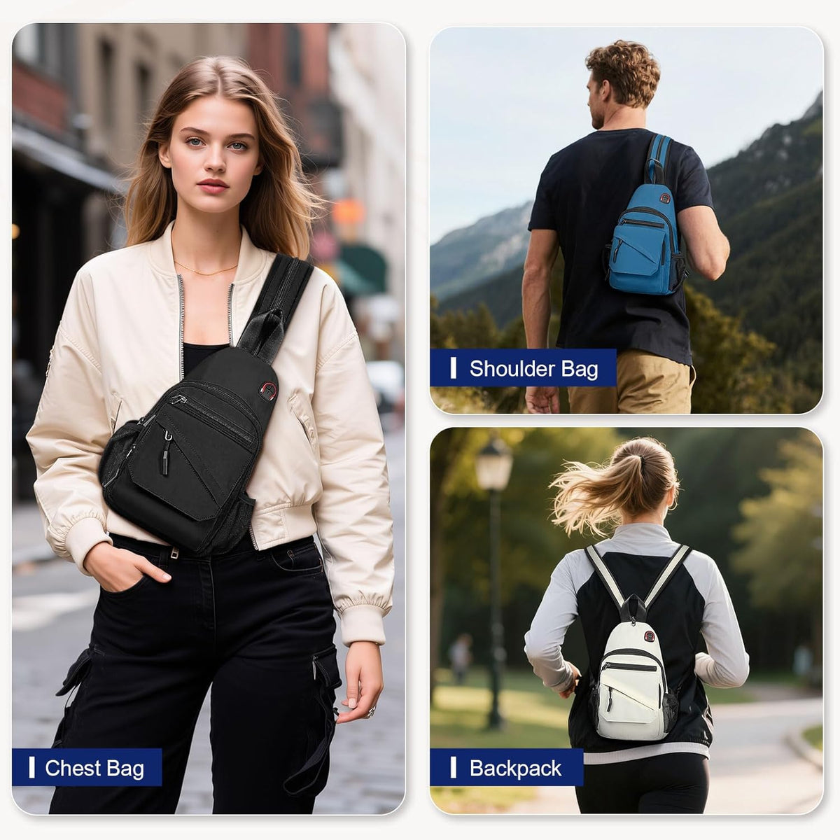 Small Crossbody Bag Casual Sling Bag for Men, Convertible Backpack, 3-in-1 Anti-Theft Shoulder Bag Trendy Daypack for Travel, Black