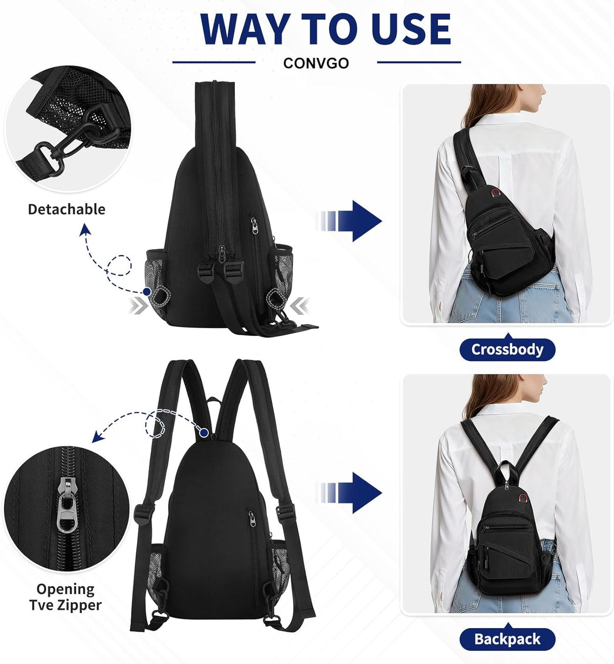 Small Crossbody Bag Casual Sling Bag for Men, Convertible Backpack, 3-in-1 Anti-Theft Shoulder Bag Trendy Daypack for Travel, Black