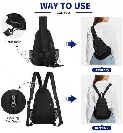 Small Crossbody Bag Casual Sling Bag for Men, Convertible Backpack, 3-in-1 Anti-Theft Shoulder Bag Trendy Daypack for Travel, Black