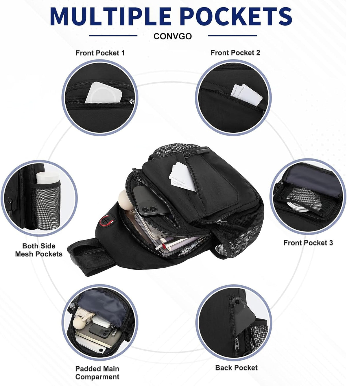 Small Crossbody Bag Casual Sling Bag for Men, Convertible Backpack, 3-in-1 Anti-Theft Shoulder Bag Trendy Daypack for Travel, Black