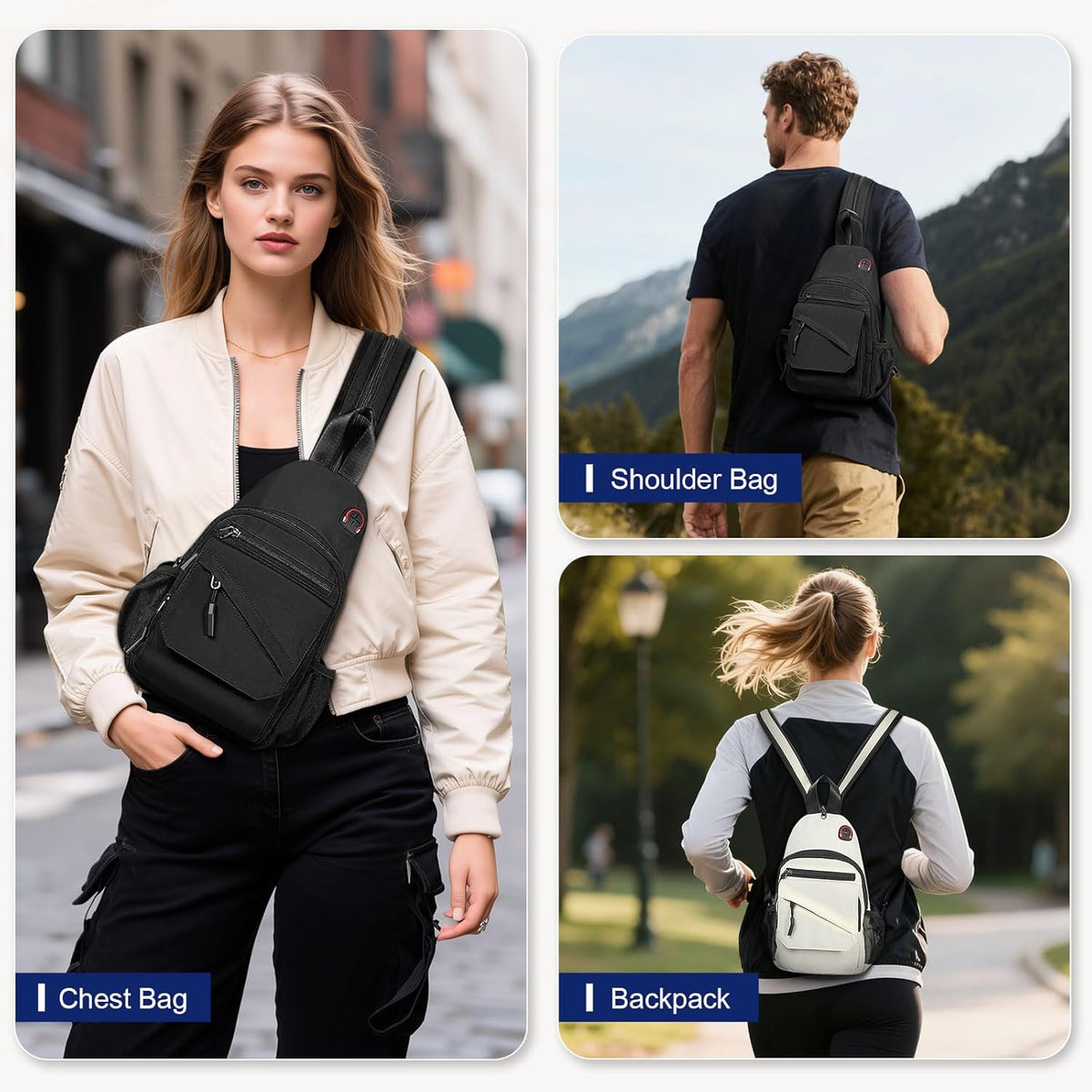Small Crossbody Bag Casual Sling Bag for Men, Convertible Backpack, 3-in-1 Anti-Theft Shoulder Bag Trendy Daypack for Travel, Black